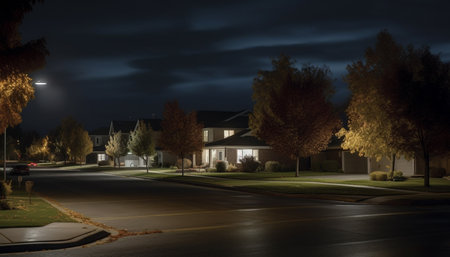 Dark city street illuminated by street lights and car headlights generated by artificial intelligenceの素材