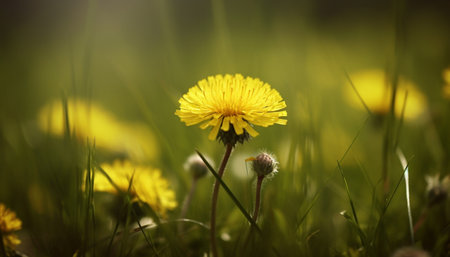 Vibrant dandelion growth in meadow, surrounded by fluffy wildflowers generated by artificial intelligenceの素材