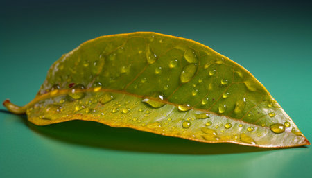 Vibrant green leaf with dew drop reflects beauty in nature generated by artificial intelligenceの素材