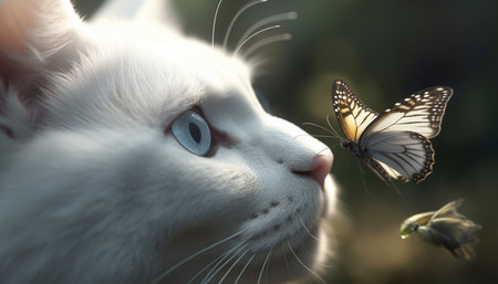 Cute kitten resting outdoors, focusing on green nature and beauty generated by artificial intelligenceの素材