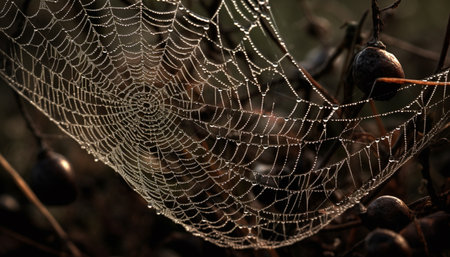 Spider web glistens with dew drops in spooky autumn forest generated by artificial intelligenceの素材