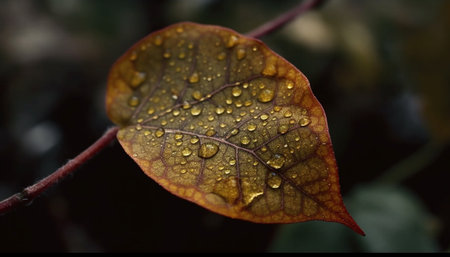 Vibrant leaf vein pattern, wet with dew, reflects autumn beauty generated by artificial intelligenceの素材