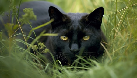 Cute kitten staring, playful and curious, hiding in grass meadow generated by artificial intelligenceの素材