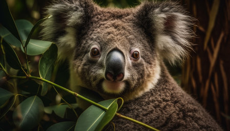 Close up portrait of cute koala sitting on eucalyptus tree branch generated by artificial intelligenceの素材