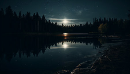 Majestic mountain peak illuminated by moonlight in tranquil wilderness area generated by artificial intelligenceの素材