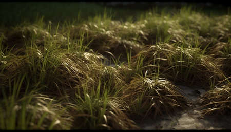 Green grass grows in the meadow, a beautiful rural scene generated by artificial intelligenceの素材