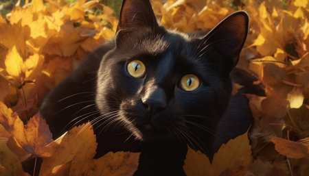 Cute kitten sitting in autumn forest, staring at camera generated by artificial intelligenceの素材