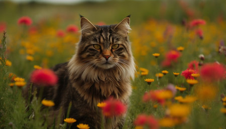 Cute kitten sitting on grass, looking at camera generated by artificial intelligenceの素材