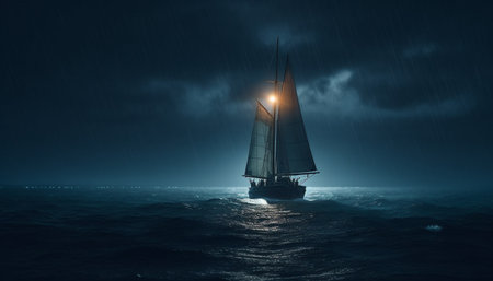 Sailing yacht races in the blue waters at dusk generated by artificial intelligenceの素材