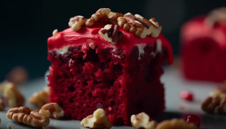 Homemade berry cheesecake slice with fresh raspberry and cranberry decoration generated by artificial intelligenceの素材