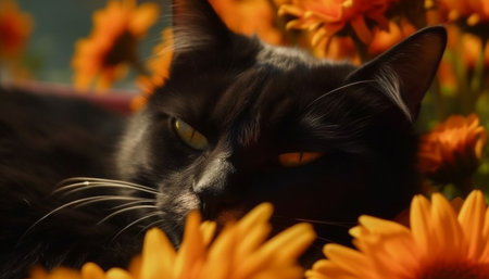 Fluffy kitten staring at single flower in autumn sunlight outdoors generated by artificial intelligenceの素材