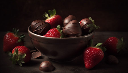 Organic chocolate dipped berry dessert on rustic wooden plate indoors generated by artificial intelligenceの素材