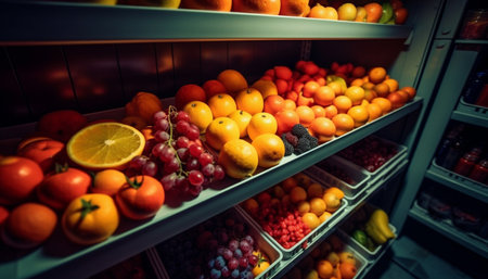 Abundance of fresh, healthy, organic fruits and vegetables for sale generated by artificial intelligenceの素材