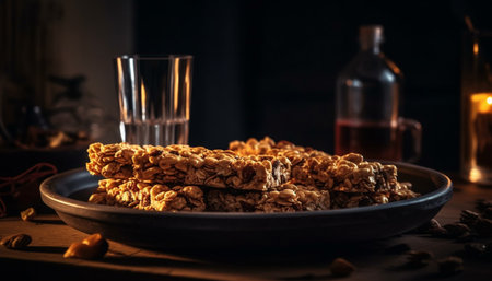 Stack of homemade oatmeal cookies on rustic wooden table generated by artificial intelligenceの素材