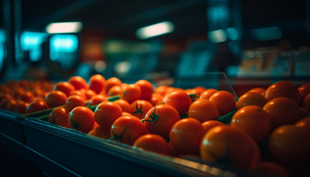 Vibrant organic produce in a row at the supermarket shelf generated by artificial intelligenceの素材