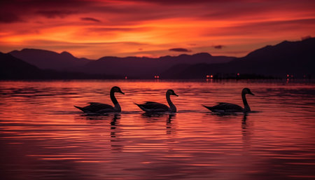 Silhouette of swans at dusk on tranquil pond, reflecting beauty generated by artificial intelligenceの素材