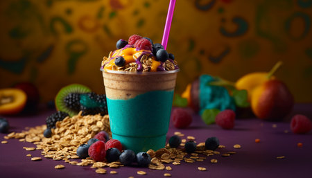 Indulgent homemade dessert with fresh blueberries and creamy ice cream generated by artificial intelligenceの素材