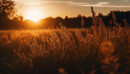 Vibrant sunset silhouettes wheat field in idyllic rural landscape generated by artificial intelligenceの素材