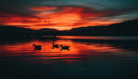 Tranquil sunset silhouette, orange horizon over water, beauty in nature generated by artificial intelligenceの素材