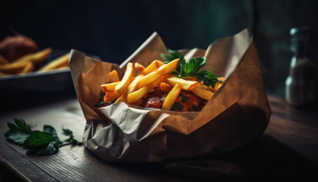 Rustic gourmet meal French fries, beef, and homemade sauce generated by artificial intelligenceの素材