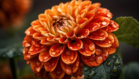 Vibrant petals of a multi colored dahlia, wet with dew generated by artificial intelligenceの素材