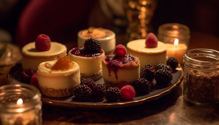 Indulgent gourmet dessert plate with fresh berry fruits and chocolate sauce generated by artificial intelligenceの素材