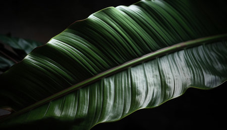 Vibrant green frond with striped leaf vein, wet with dew generated by artificial intelligenceの素材