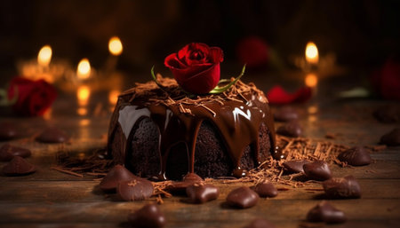 Indulgent chocolate dessert with sweet icing and rustic decoration temptation generated by artificial intelligenceの素材