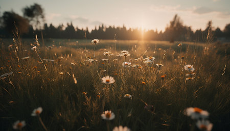 Vibrant wildflower meadow in summer sunset, a nature beauty close up generated by artificial intelligenceの素材