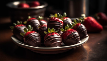 Indulgent chocolate dipped berry dessert on wooden plate, a gourmet temptation generated by artificial intelligenceの素材