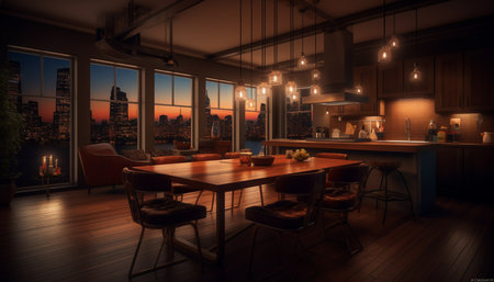 Modern luxury apartment with elegant design, comfortable chair, and illuminated flooring generated by artificial intelligenceの素材