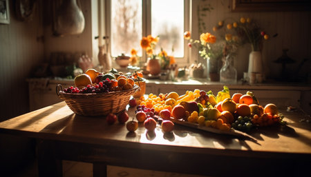 Rustic autumn still life Fresh organic fruit and vegetables on table generated by artificial intelligenceの素材
