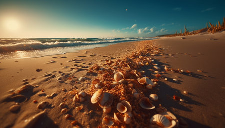 Sunset over the tranquil seascape, a perfect summer vacation destination generated by artificial intelligenceの素材