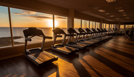 Indoors at the health club, equipment in a row on wood flooring generated by artificial intelligenceの素材