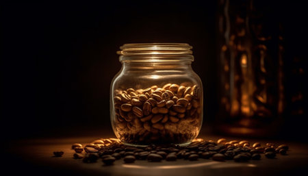 Freshly roasted organic coffee beans spill from rustic jar heap generated by artificial intelligenceの素材