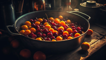 Juicy ripe tomato and berry fruit bowl on rustic wood table generated by artificial intelligenceの素材