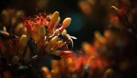 A close up of a yellow honey bee pollinating a flower generated by artificial intelligenceの素材