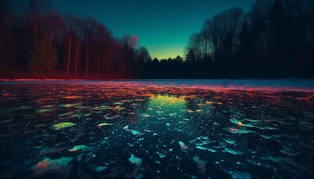 Tranquil scene illuminated by multi colored galaxy in deep forest generated by artificial intelligenceの素材