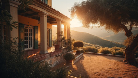 Tranquil sunset over nature architecture, a beauty in summer travel generated by artificial intelligenceの素材