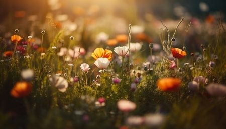 Vibrant wildflowers blossom in tranquil meadow, nature beauty showcased generated by artificial intelligenceの素材