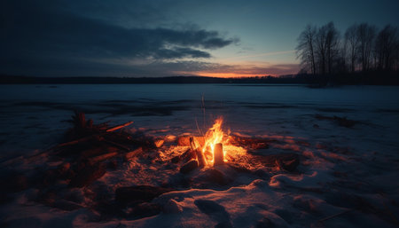 Tranquil campfire glows in natural sunset beauty, reflecting on water generated by artificial intelligenceの素材