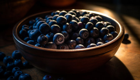 Fresh blueberry bowl on rustic wood table, healthy antioxidant snack generated by artificial intelligenceの素材