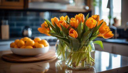 Vibrant tulip bouquet brings nature indoors for fresh home decoration generated by artificial intelligenceの素材