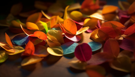 Vibrant colors of autumn leaves create a beautiful abstract pattern generated by artificial intelligenceの素材