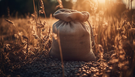 Rustic wheat sack in meadow, ripe for organic harvesting season generated by artificial intelligenceの素材