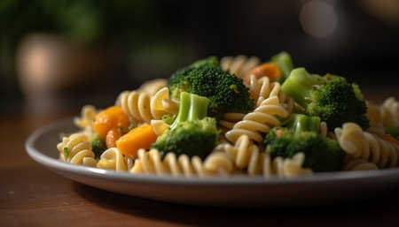 Healthy vegetarian pasta meal with fresh broccoli and gourmet ingredients generated by artificial intelligenceの素材