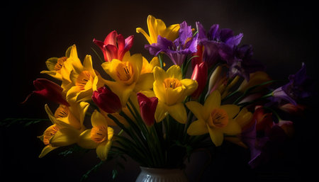 Vibrant bouquet of multi colored flowers in a yellow vase generated by artificial intelligenceの素材