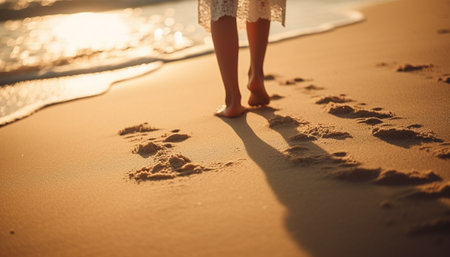 Barefoot woman walking on water edge at sunset, enjoying vacation generated by artificial intelligenceの素材