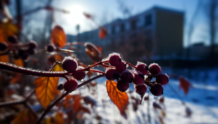 Vibrant autumn foliage on tree branch in defocused background generated by artificial intelligenceの素材