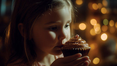 Cute girl holding chocolate cupcake enjoys sweet winter celebration indoors generated by artificial intelligenceの素材